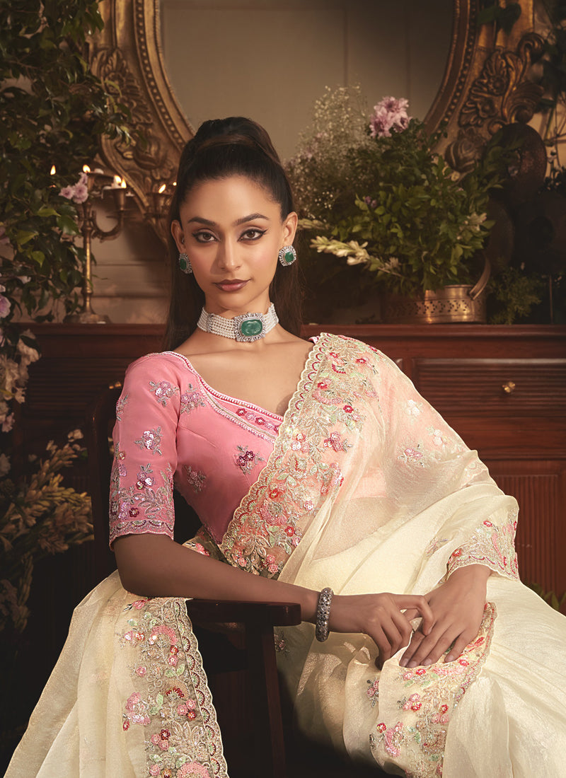 Off-White Tissue Organza Border And Designer Butta Work All Over Saree