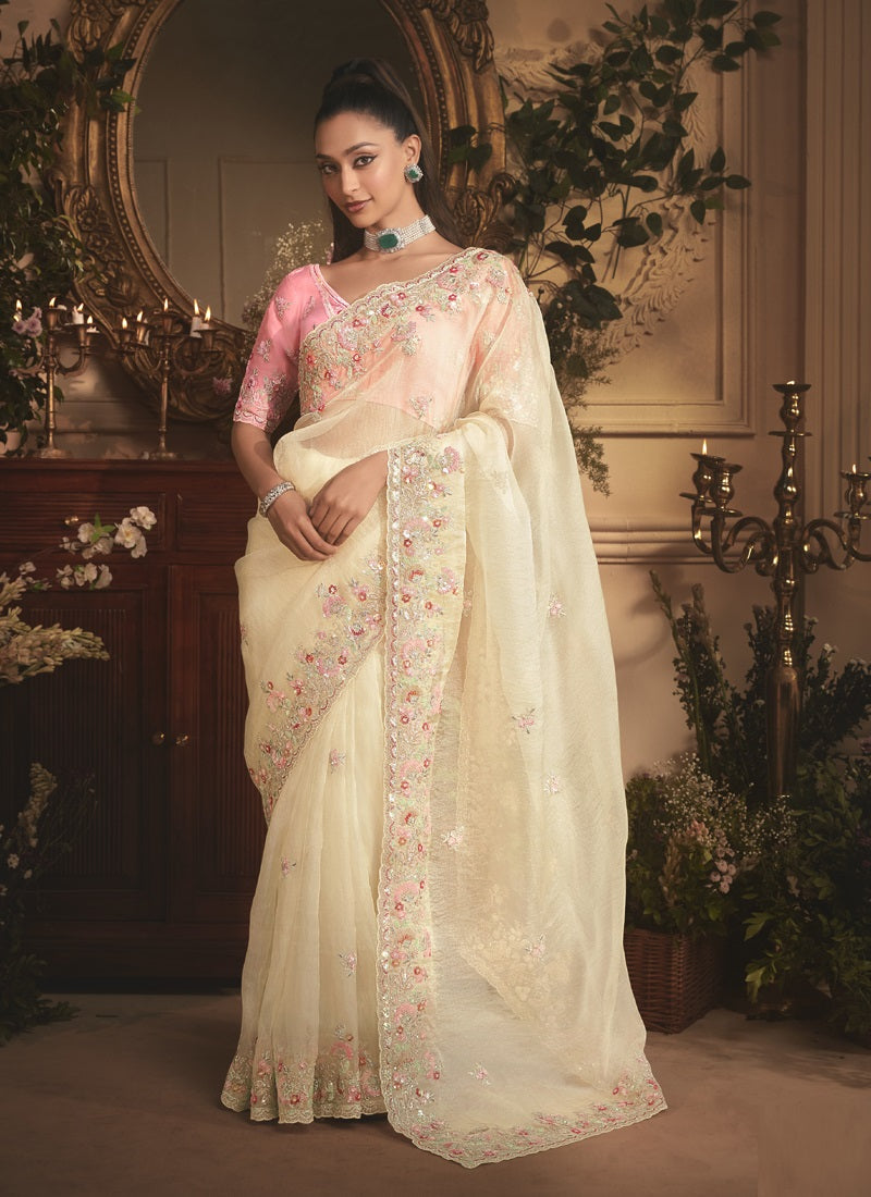Off-White Tissue Organza Border And Designer Butta Work All Over Saree