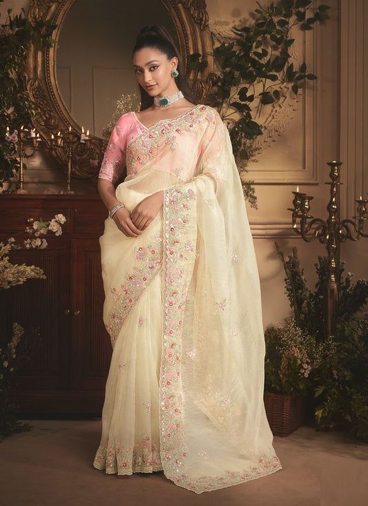 Off-White Tissue Organza Border And Designer Butta Work All Over Saree