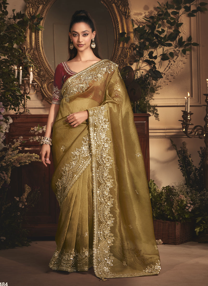 Antique Gold Tissue Organza With Work Border And Designer Butta Work All Over Saree