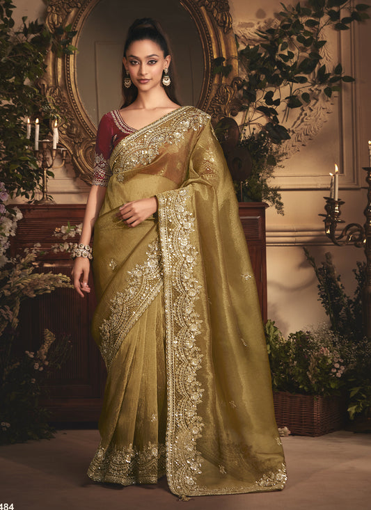 Antique Gold Tissue Organza With Work Border And Designer Butta Work All Over Saree