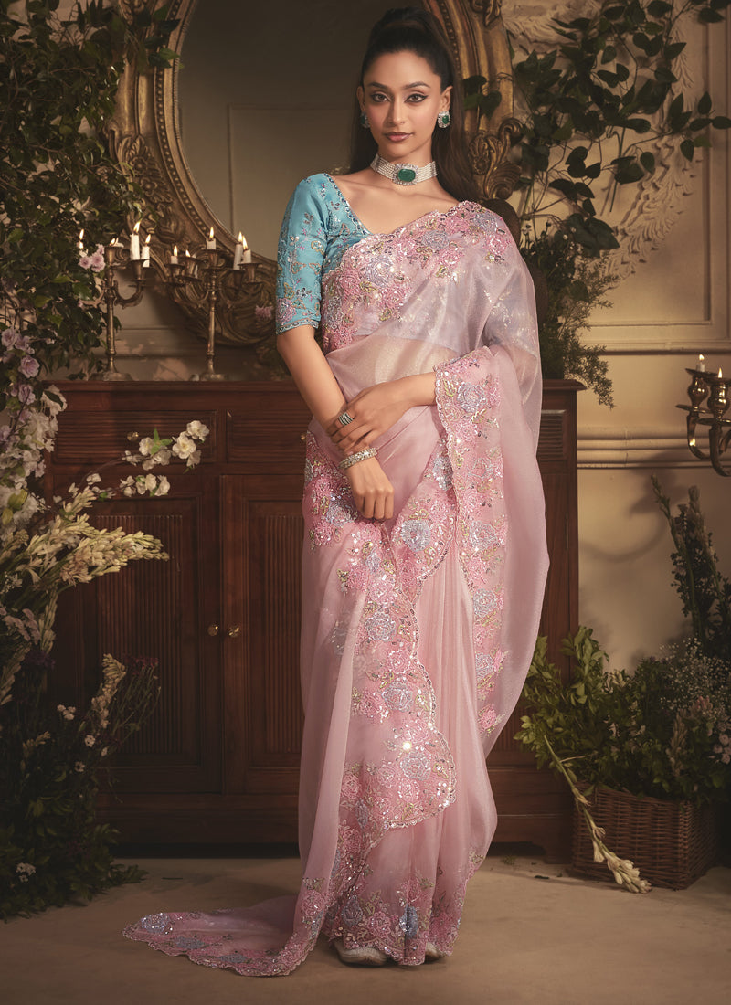 Baby Pink Tissue With Contrast Blouse Designer Saree