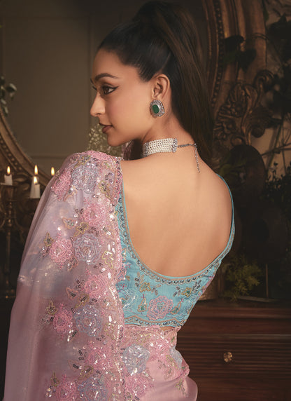 Baby Pink Tissue With Contrast Blouse Designer Saree