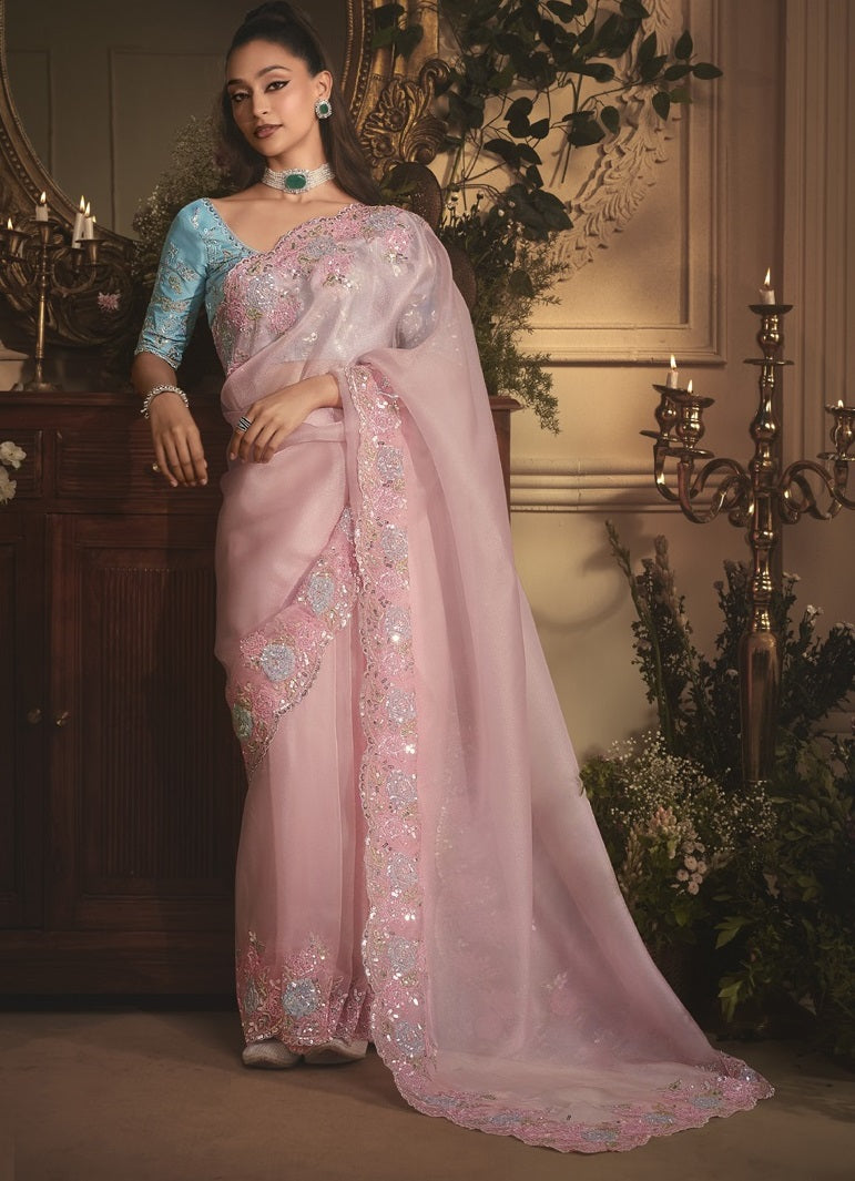 Baby Pink Tissue With Contrast Blouse Designer Saree