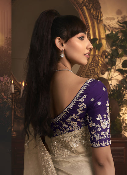 Beige Tissue Organza With Designer Blouse Saree