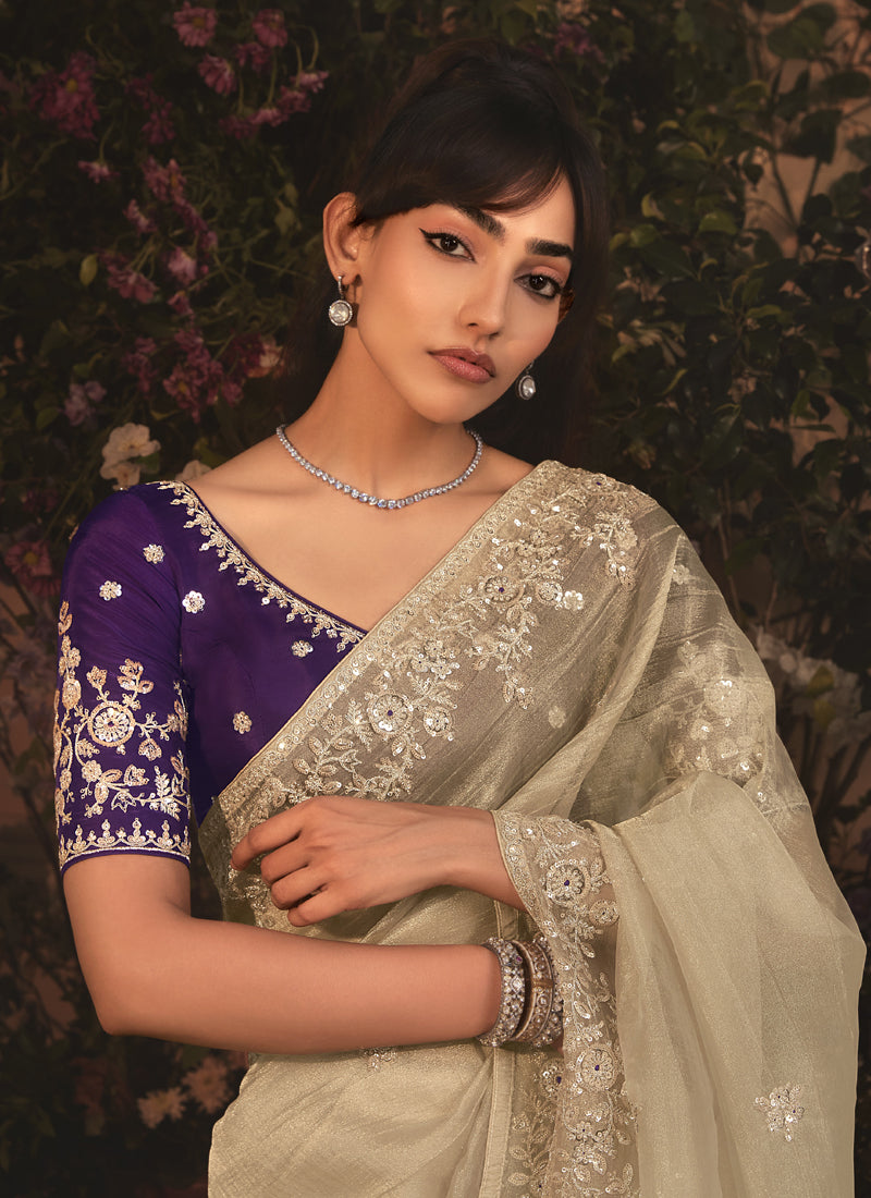 Beige Tissue Organza With Designer Blouse Saree