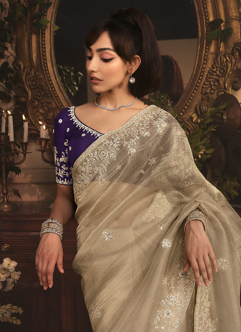 Beige Tissue Organza With Designer Blouse Saree
