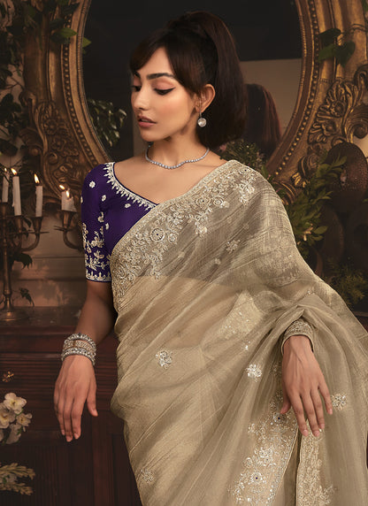 Beige Tissue Organza With Designer Blouse Saree