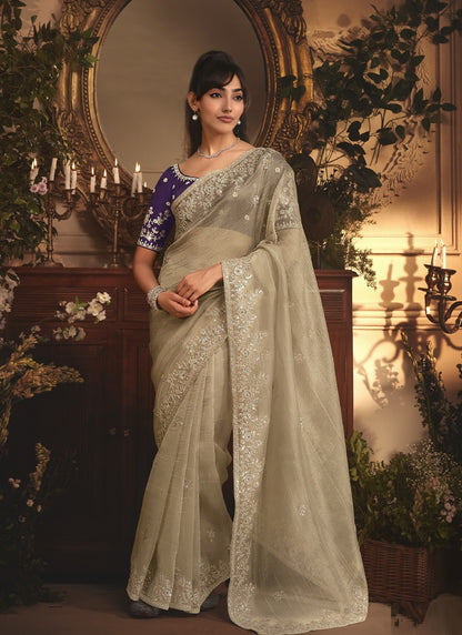 Beige Tissue Organza With Designer Blouse Saree