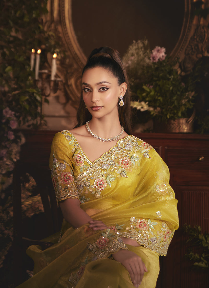 Yellow Tissue Organza With Designer Blouse Saree