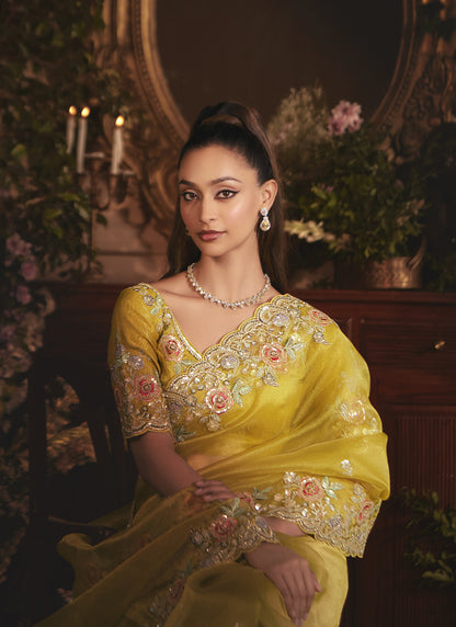 Yellow Tissue Organza With Designer Blouse Saree