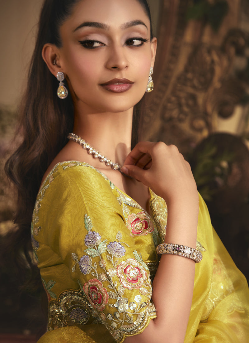 Yellow Tissue Organza With Designer Blouse Saree