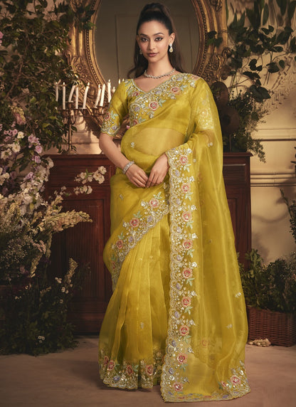 Yellow Tissue Organza With Designer Blouse Saree