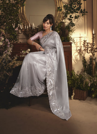 Gray Tissue Organza With Contrast Designer Blouse Saree