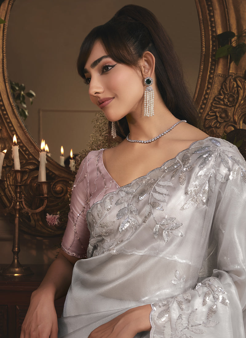 Gray Tissue Organza With Contrast Designer Blouse Saree