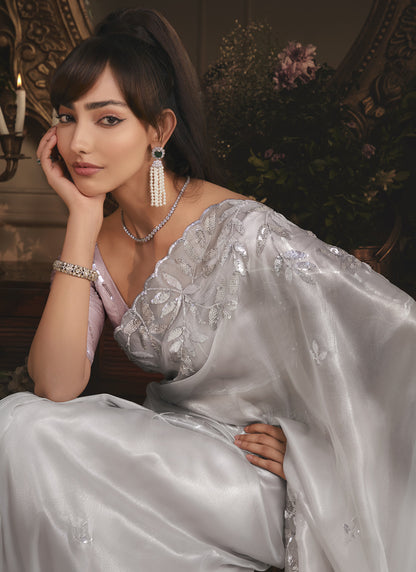 Gray Tissue Organza With Contrast Designer Blouse Saree