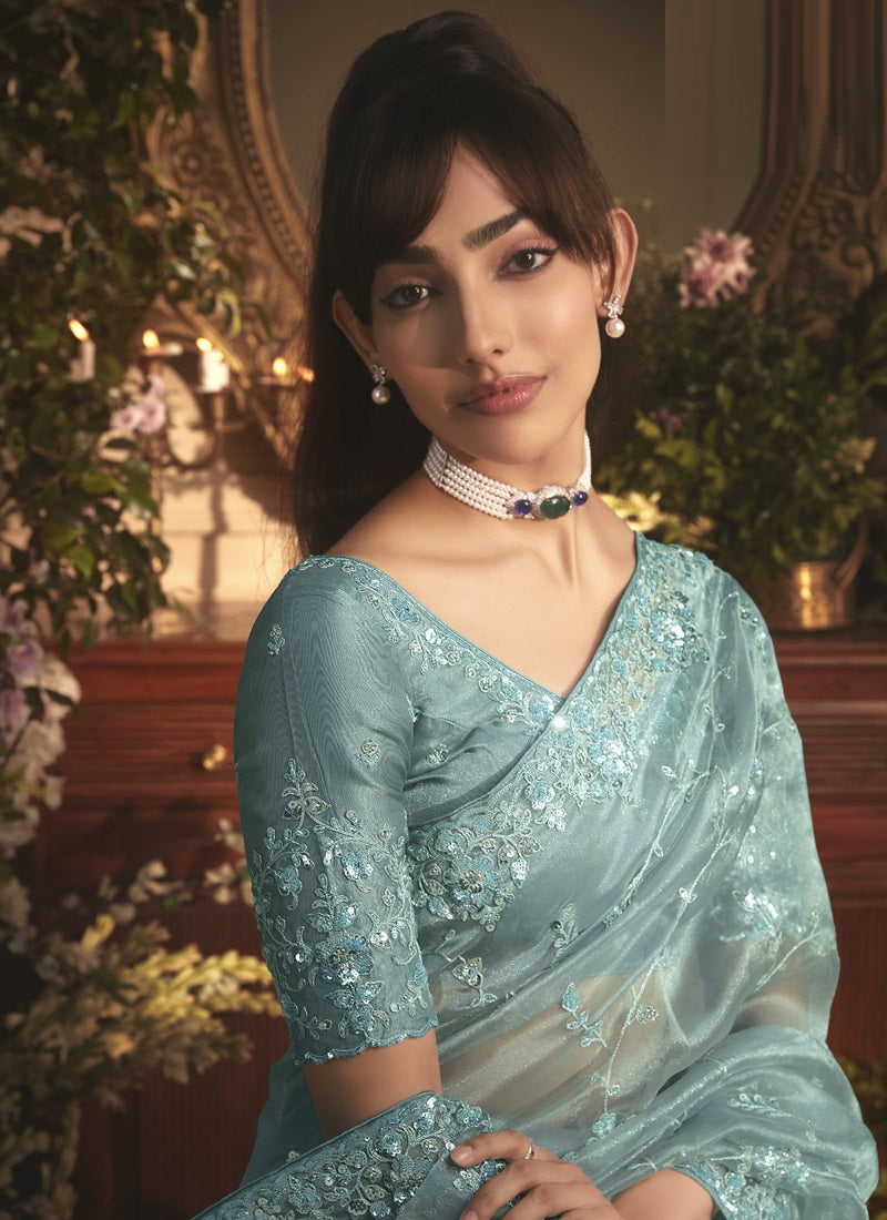 Sky Blue Tissue Organza With Designer Blouse Saree