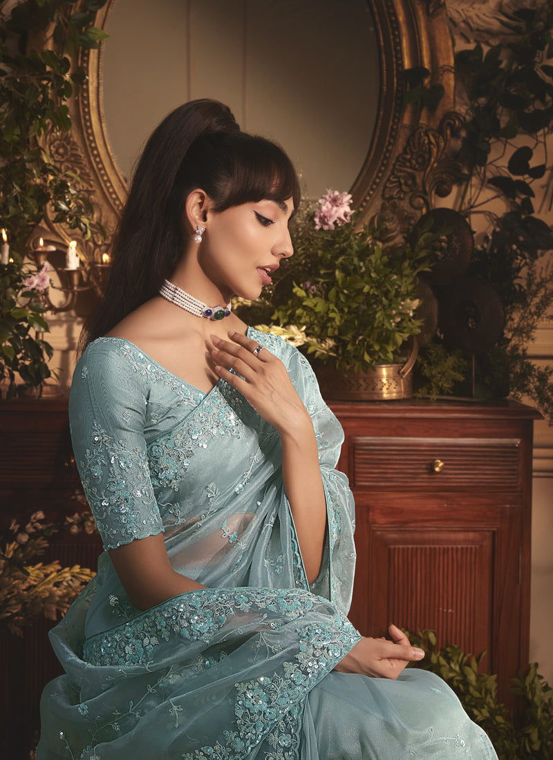 Sky Blue Tissue Organza With Designer Blouse Saree