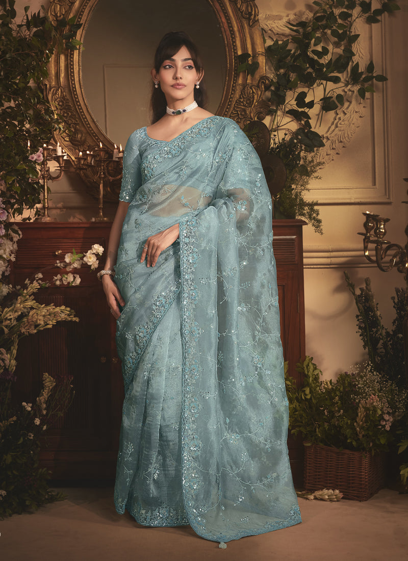 Sky Blue Tissue Organza With Designer Blouse Saree