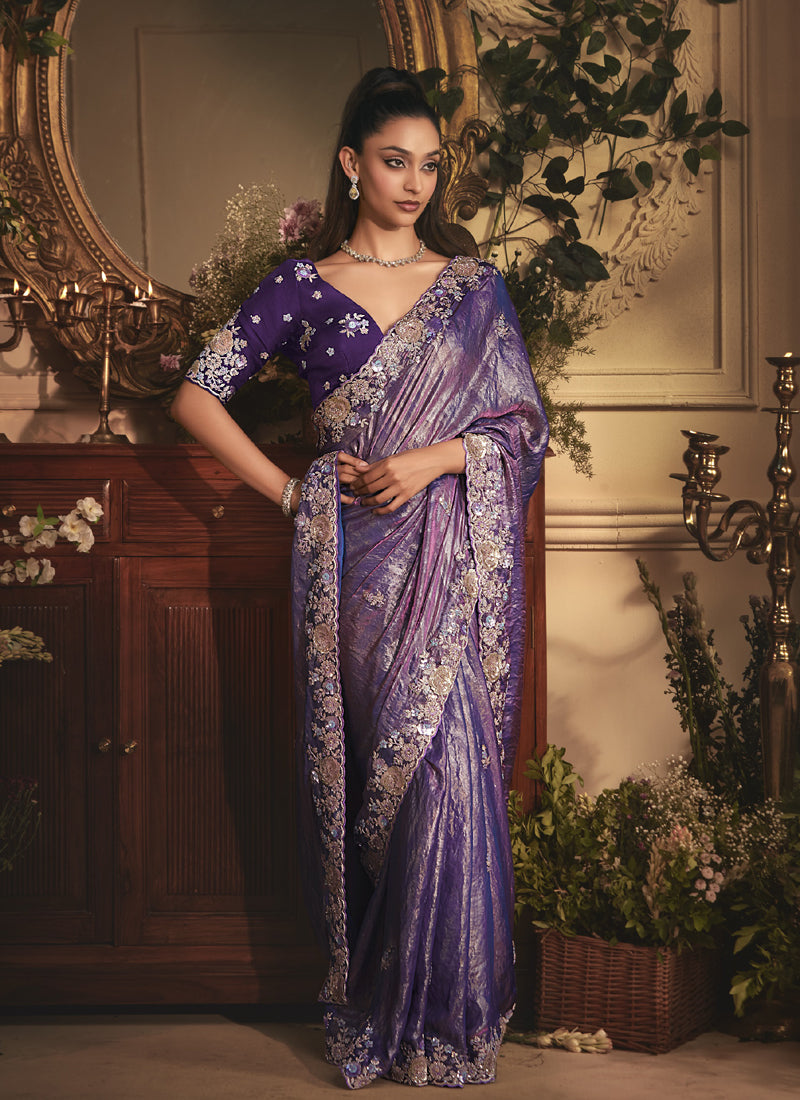 Purple Tissue Organza With Designer Blouse Saree