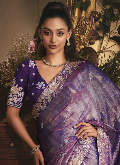 Purple Tissue Organza With Designer Blouse Saree