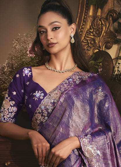 Purple Tissue Organza With Designer Blouse Saree