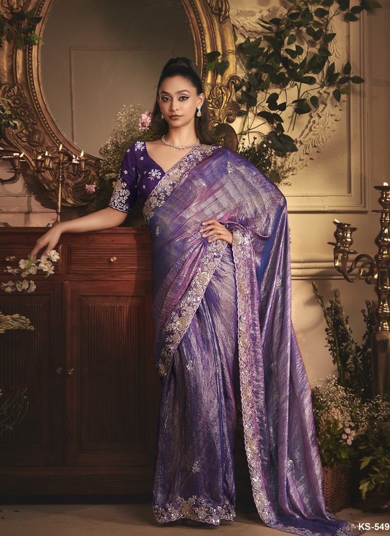 Purple Tissue Organza With Designer Blouse Saree