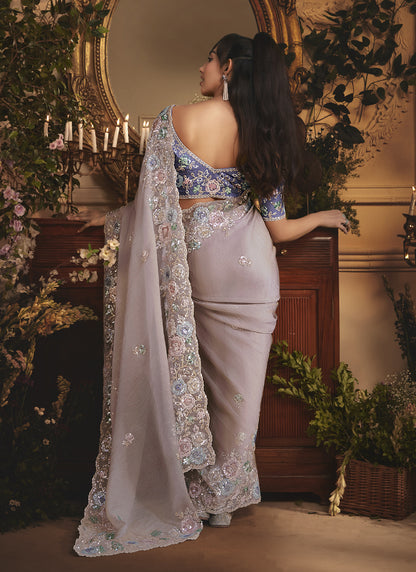 Gray Tissue Organza With Heavy Sequence Contrast Designer Blouse Saree
