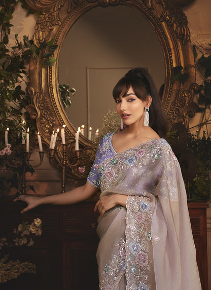 Gray Tissue Organza With Heavy Sequence Contrast Designer Blouse Saree