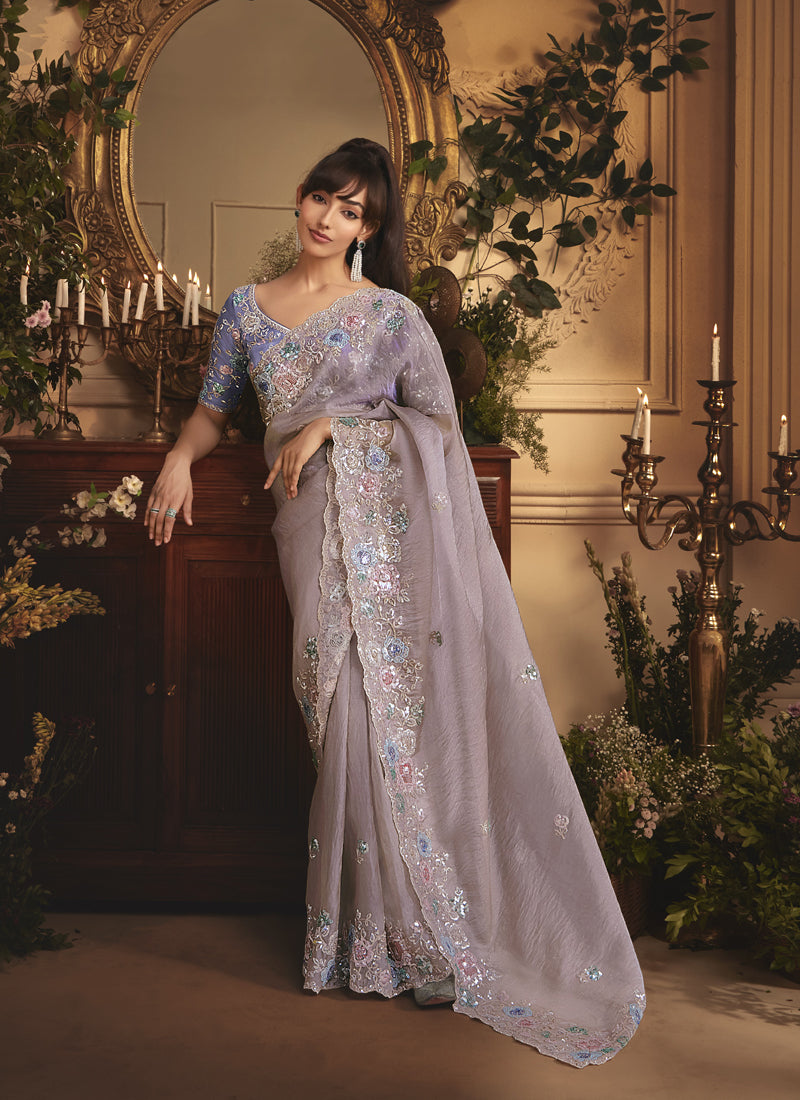 Gray Tissue Organza With Heavy Sequence Contrast Designer Blouse Saree