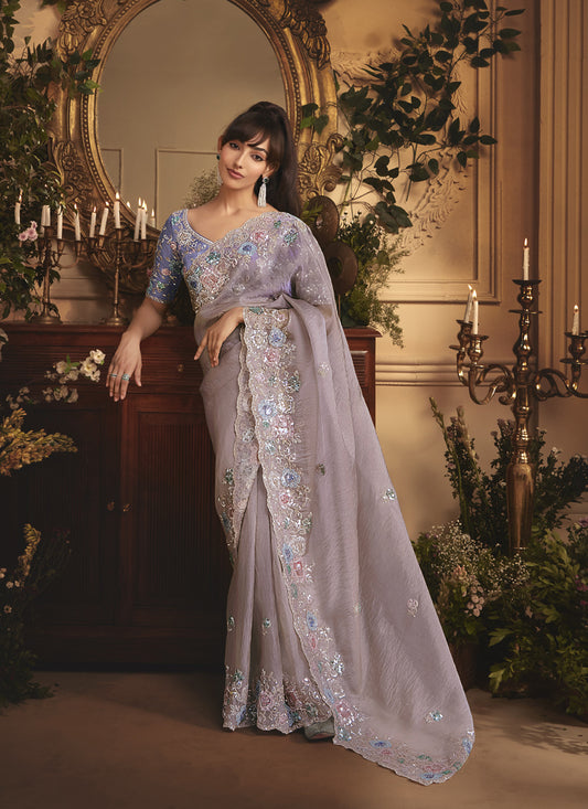 Gray Tissue Organza With Heavy Sequence Contrast Designer Blouse Saree