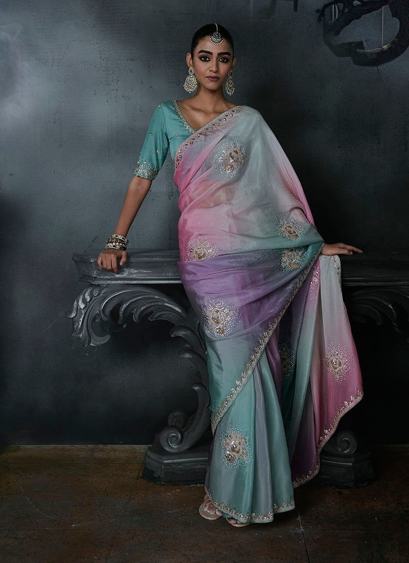 Tissue Silk & Organza Sequence Work Designer Party Wear Saree