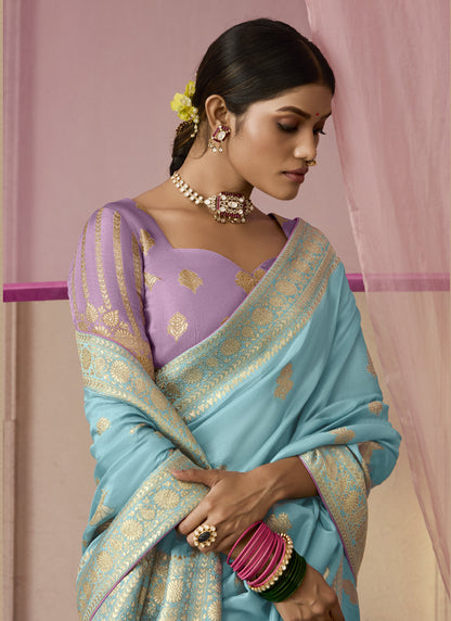 Sky Blue Dola Silk Weaving On All Over Saree Heavy Designer Contras Blouse