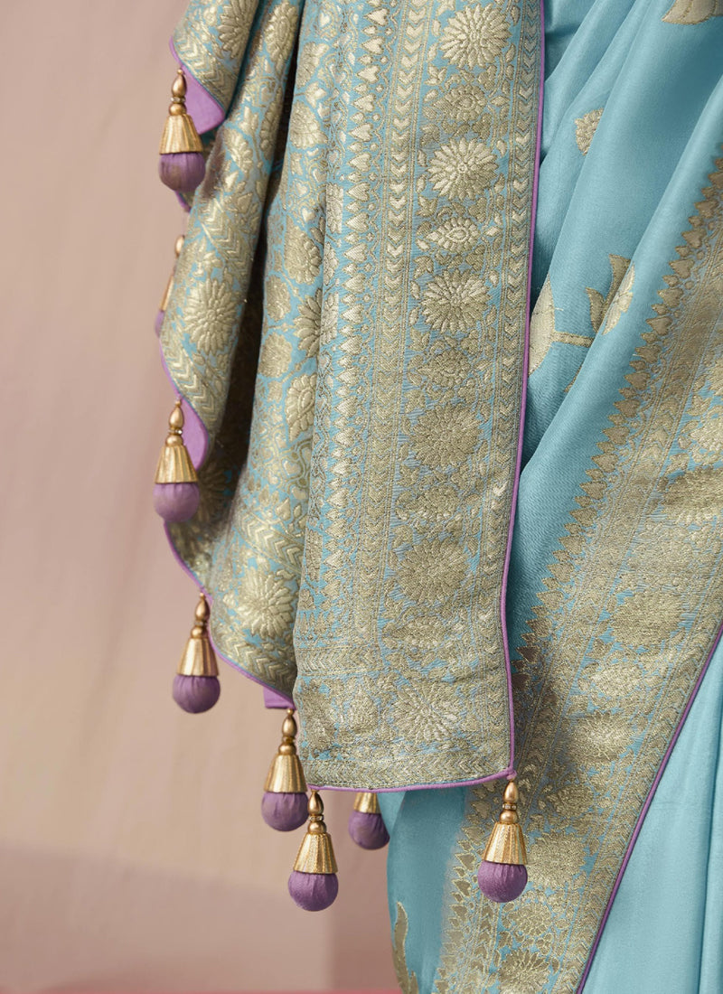 Sky Blue Dola Silk Weaving On All Over Saree Heavy Designer Contras Blouse