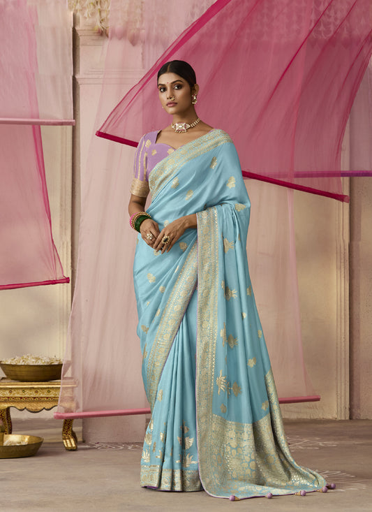 Sky Blue Dola Silk Weaving On All Over Saree Heavy Designer Contras Blouse