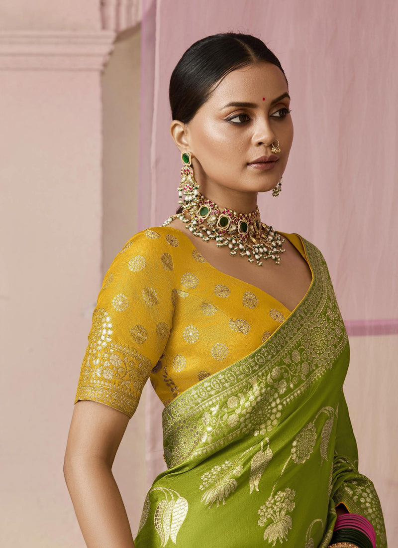 Olive Dola Silk Weaving On All Over Saree Heavy Designer Contras Blouse