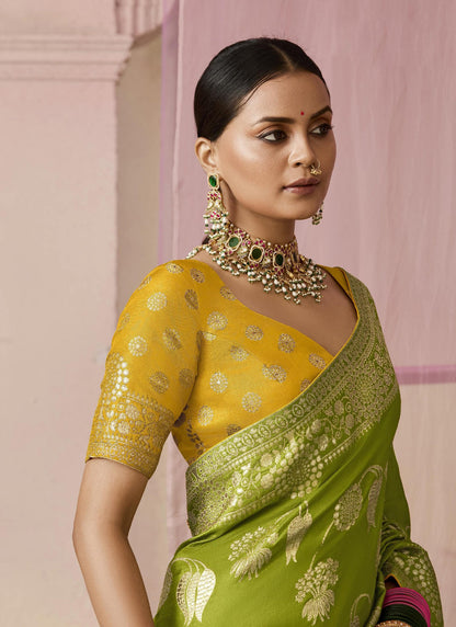 Olive Dola Silk Weaving On All Over Saree Heavy Designer Contras Blouse