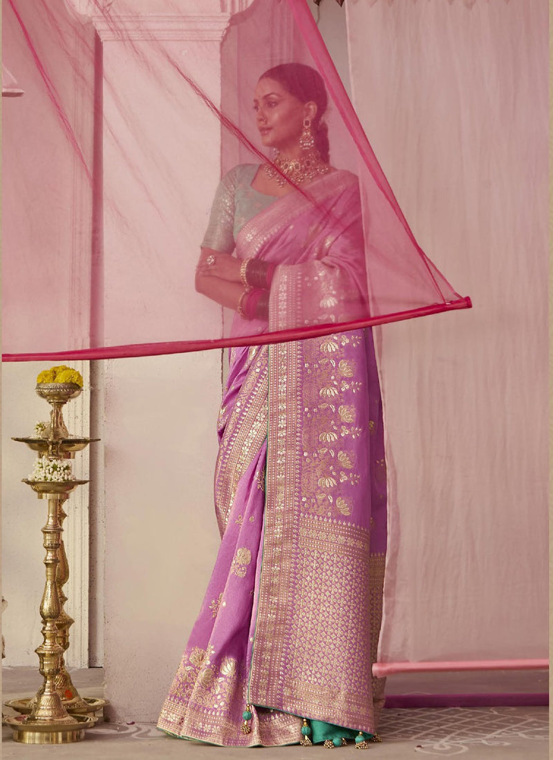 Lavender Dola Silk Weaving On All Over Saree Heavy Designer Contras Blouse