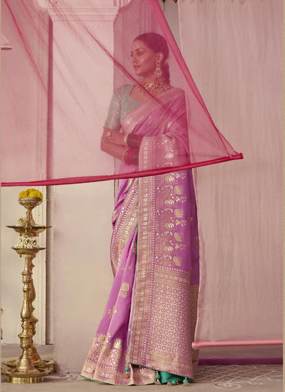 Lavender Dola Silk Weaving On All Over Saree Heavy Designer Contras Blouse