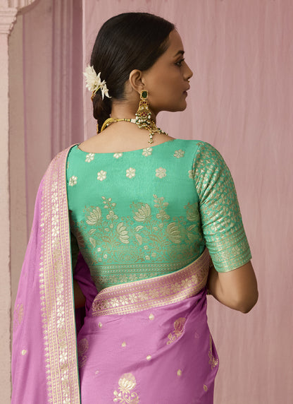 Lavender Dola Silk Weaving On All Over Saree Heavy Designer Contras Blouse