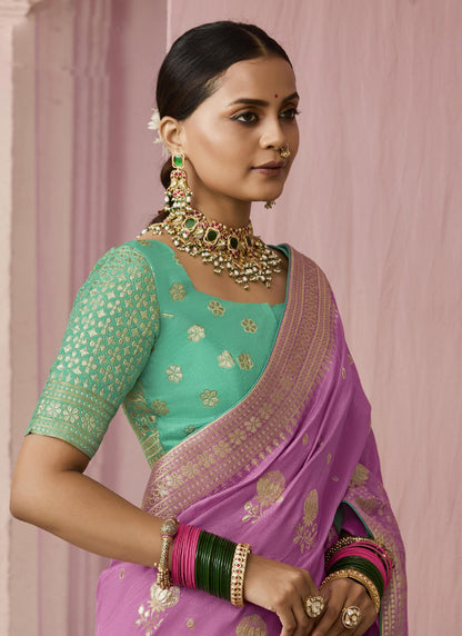 Lavender Dola Silk Weaving On All Over Saree Heavy Designer Contras Blouse