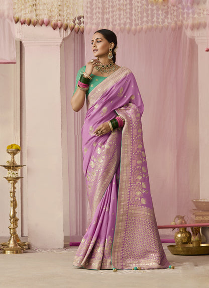 Lavender Dola Silk Weaving On All Over Saree Heavy Designer Contras Blouse