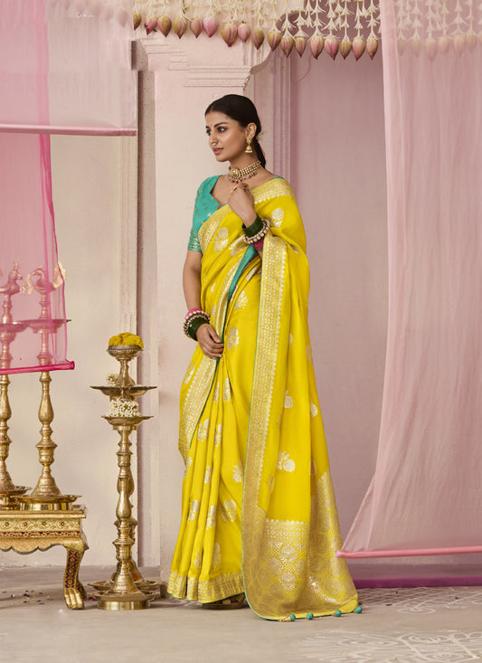 Yellow Dola Silk Weaving Heavy Designer Contras Blouse