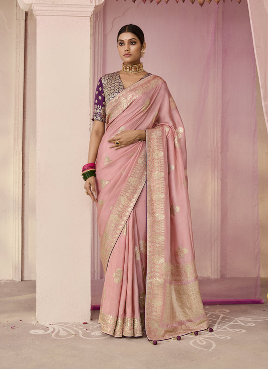 Peach Dola Silk Weaving Heavy Designer Contras Blouse