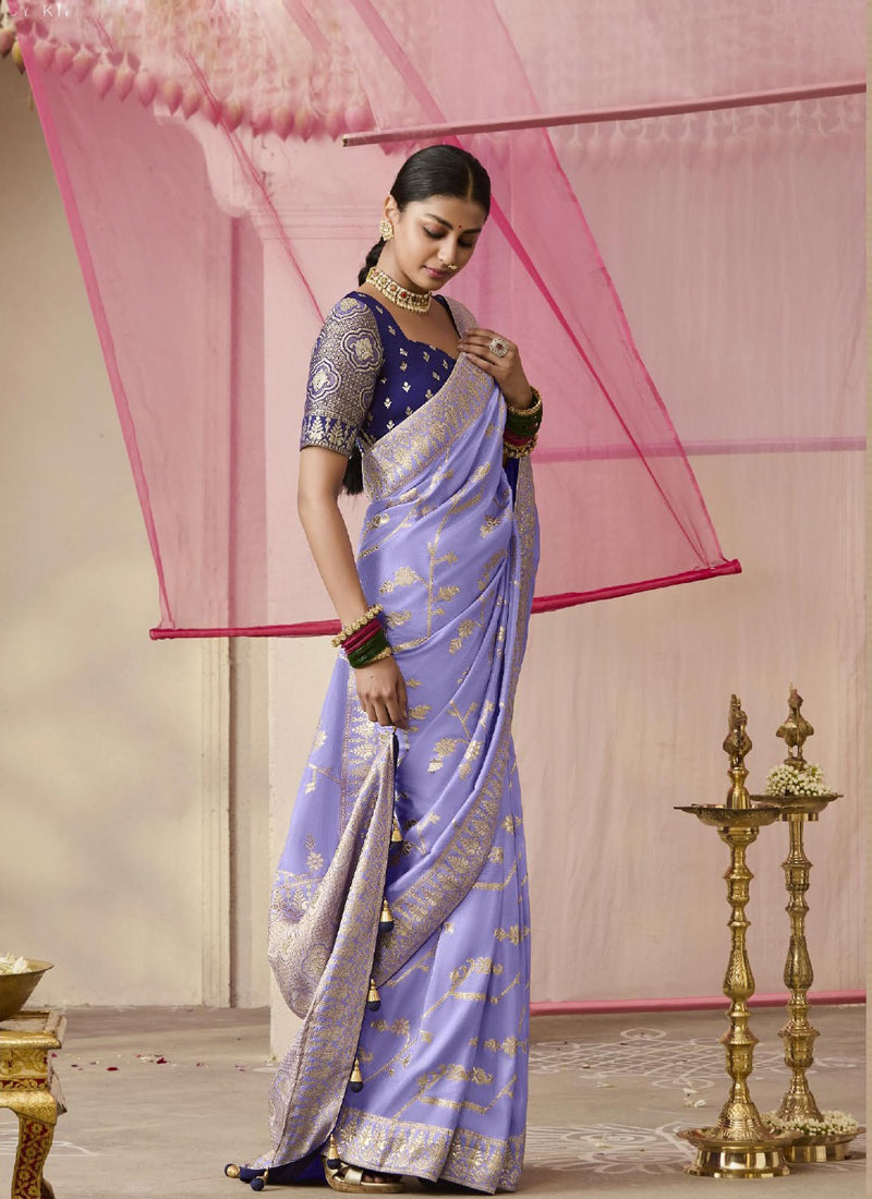 Lavender Dola Silk Saree Heavy Designer Contras Blouse