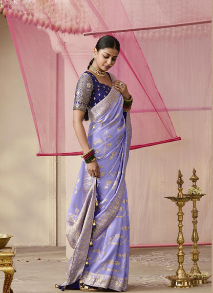 Lavender Dola Silk Saree Heavy Designer Contras Blouse
