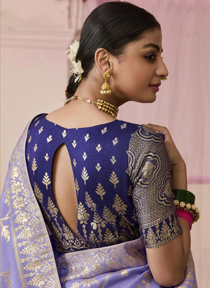 Lavender Dola Silk Saree Heavy Designer Contras Blouse