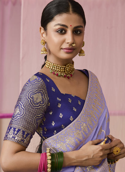 Lavender Dola Silk Saree Heavy Designer Contras Blouse