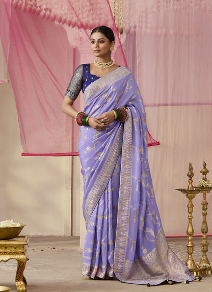 Lavender Dola Silk Saree Heavy Designer Contras Blouse
