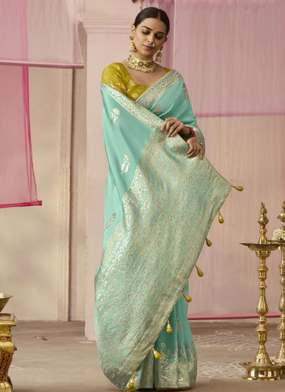 Turquoise Dola Silk Weaving Heavy Designer Contras Blouse